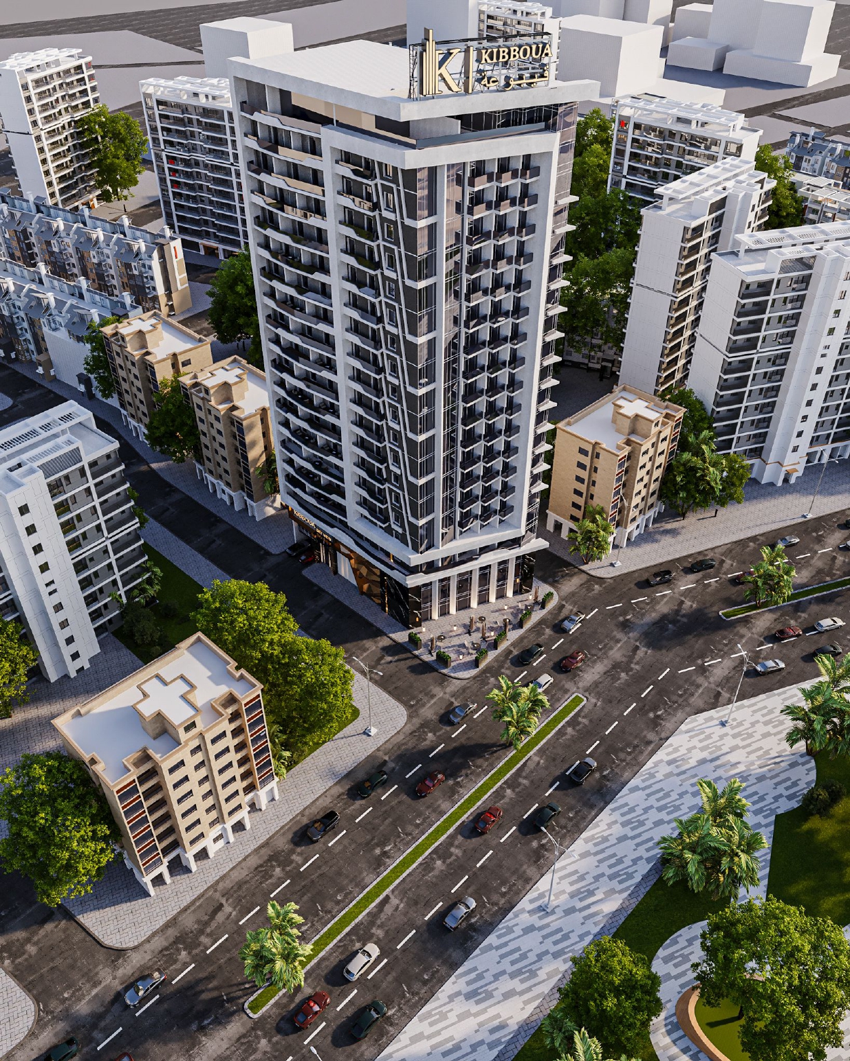 Sky View — vue aerienne 3/4 avec crown signage
